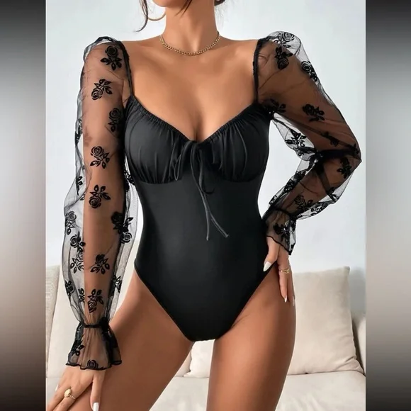 Luxe floral mesh sleeve open back bodysuit